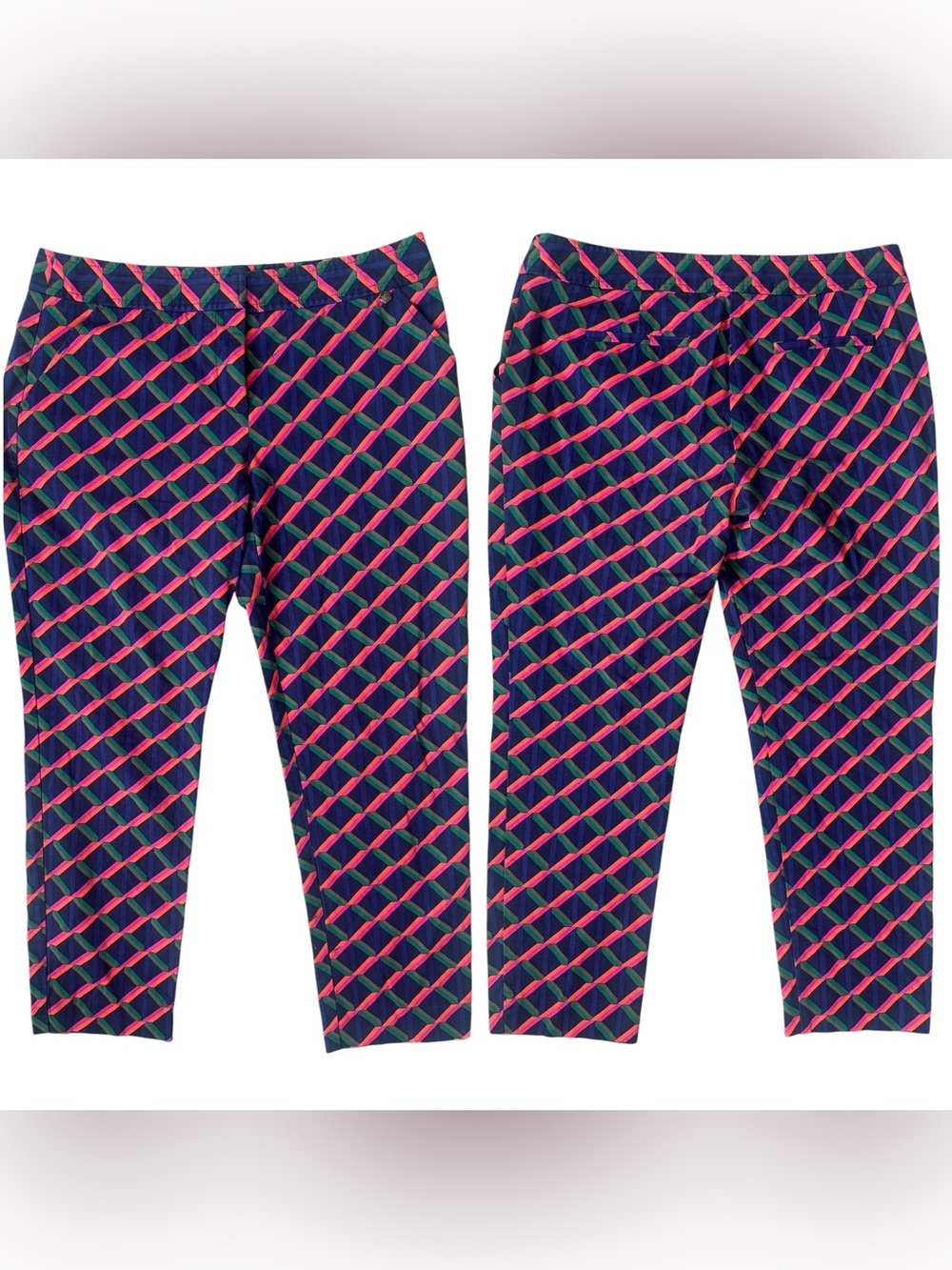 Trina Turk Navy Blue Green Pink Lattice Print Mid Rise Cropped Pants Size 8
